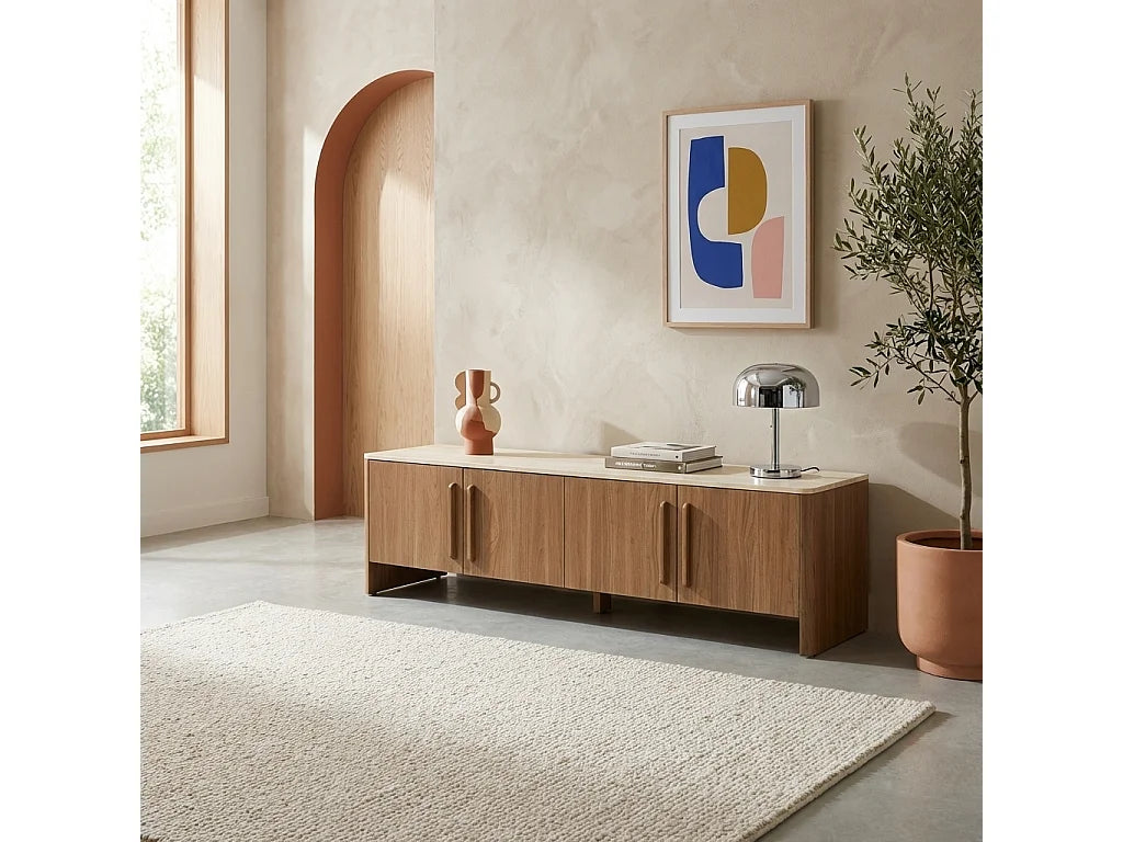 Meuble TV Japandi 4 portes décor noyer et plateau effet travertin 180 x 50 cm - Aretha