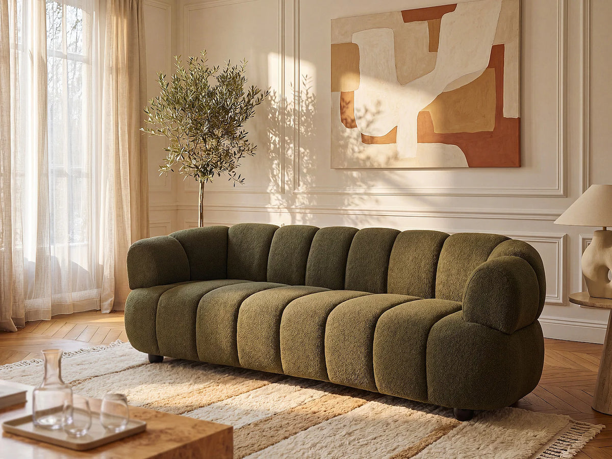 Canapé Japandi 3 places en bouclette vert 227 cm - Coliani