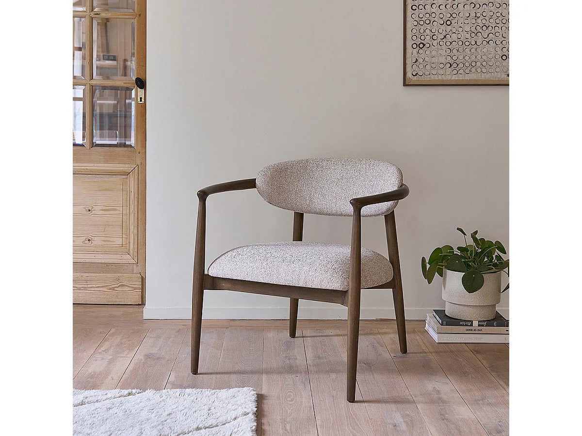 Fauteuil Japandi en bois de hêtre et tissu texturé beige chiné - Côme