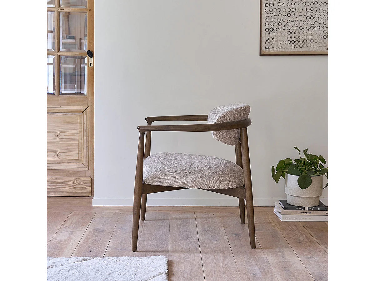 Fauteuil Japandi en bois de hêtre et tissu texturé beige chiné - Côme