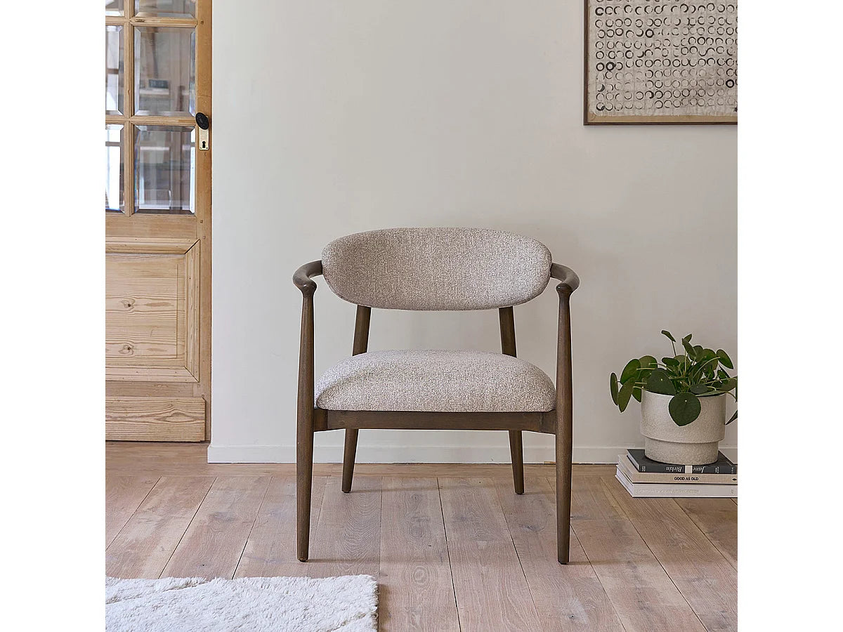 Fauteuil Japandi en bois de hêtre et tissu texturé beige chiné - Côme