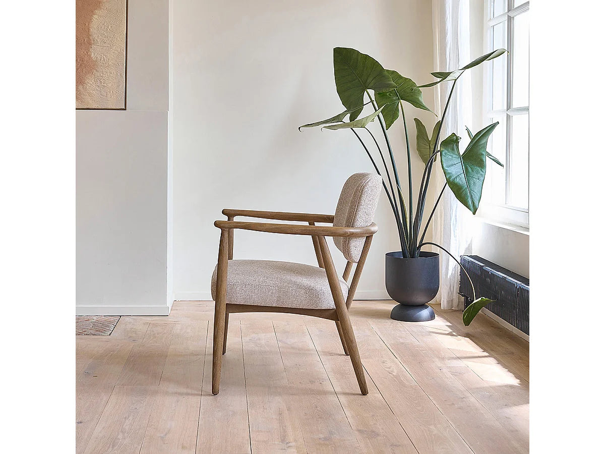 Fauteuil Japandi en bois de chêne massif et tissu texturé beige chiné - Eugène