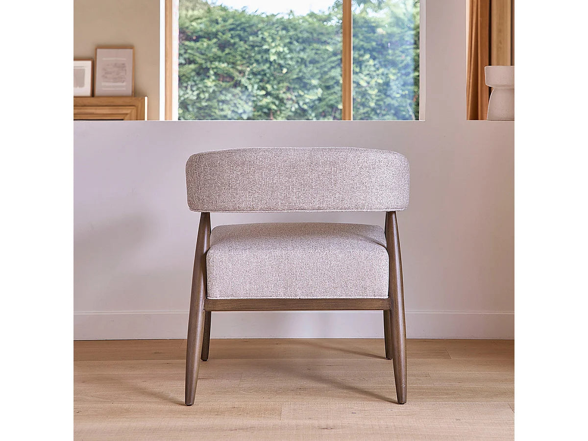 Fauteuil Japandi en bois de hêtre massif et tissu chiné beige - Éloi