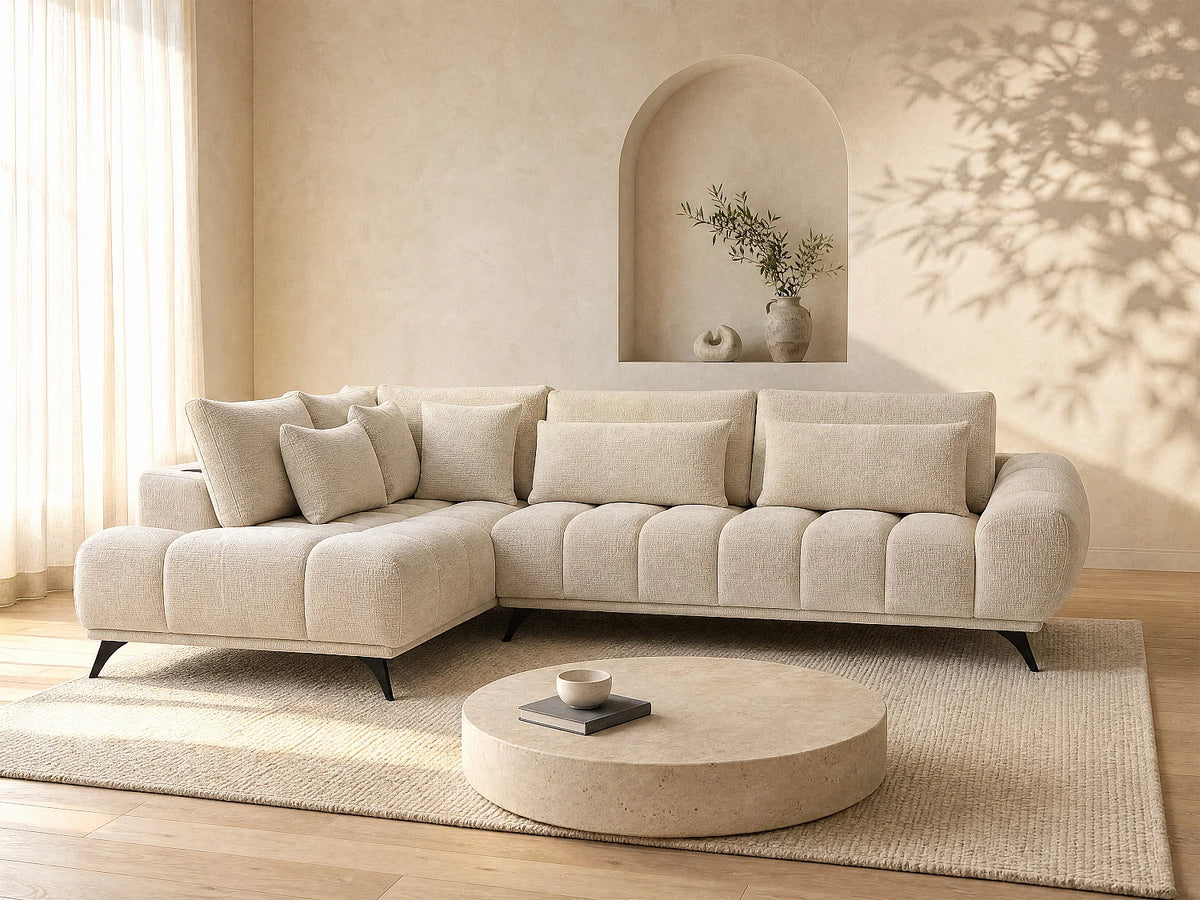 Canapé d'angle Japandi gauche à dossier relevable en velours texturé beige 285 cm - Maviro