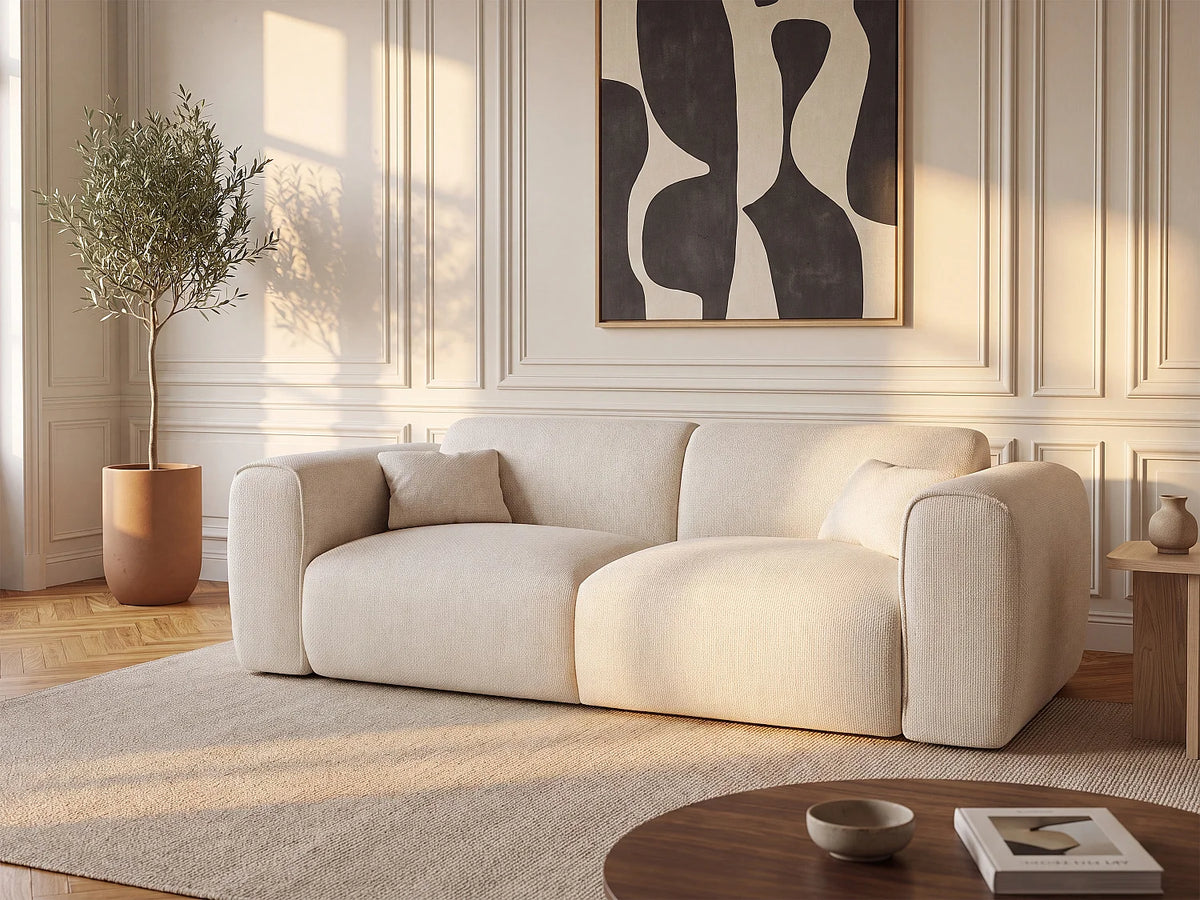 Canapé Japandi 3 places convertible express en tissu texturé beige 216 cm - Pognia