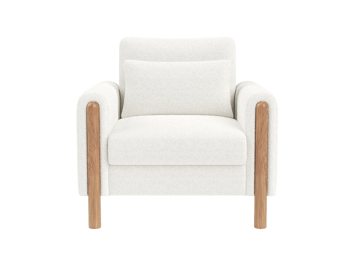 Fauteuil Japandi en bois massif et velours teddy blanc