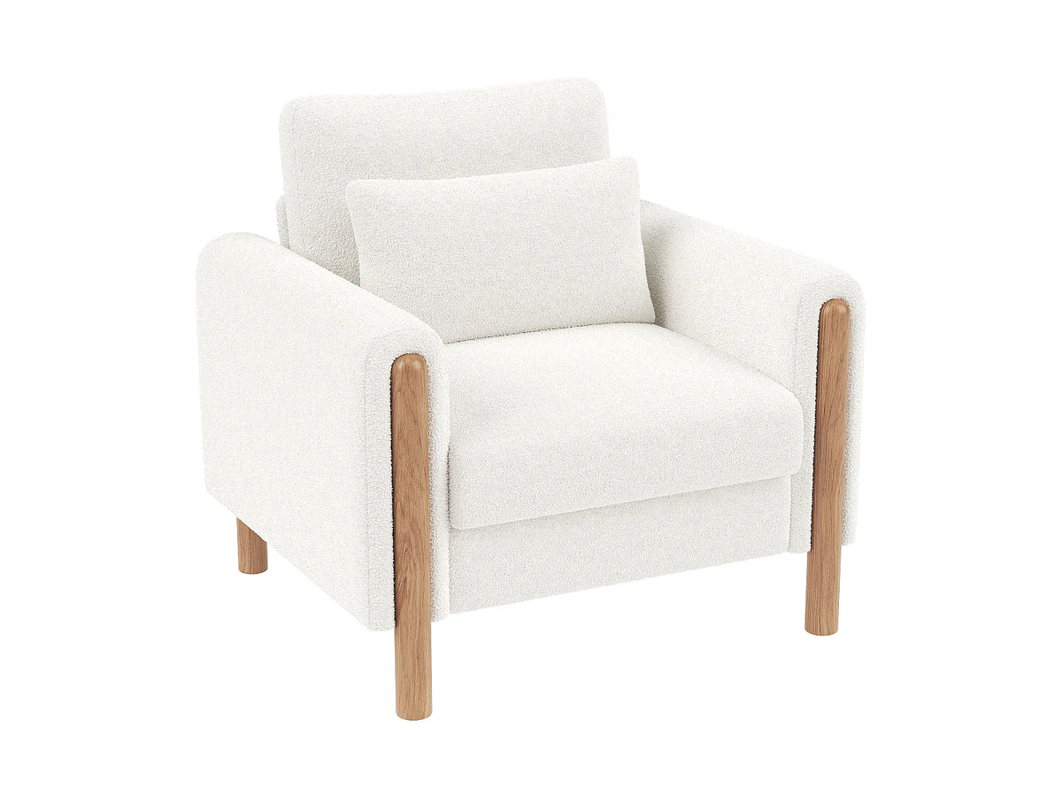 Fauteuil Japandi en bois massif et velours teddy blanc