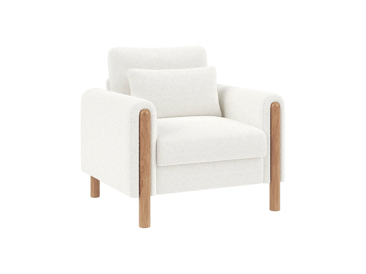 Fauteuil Japandi en bois massif et velours teddy blanc