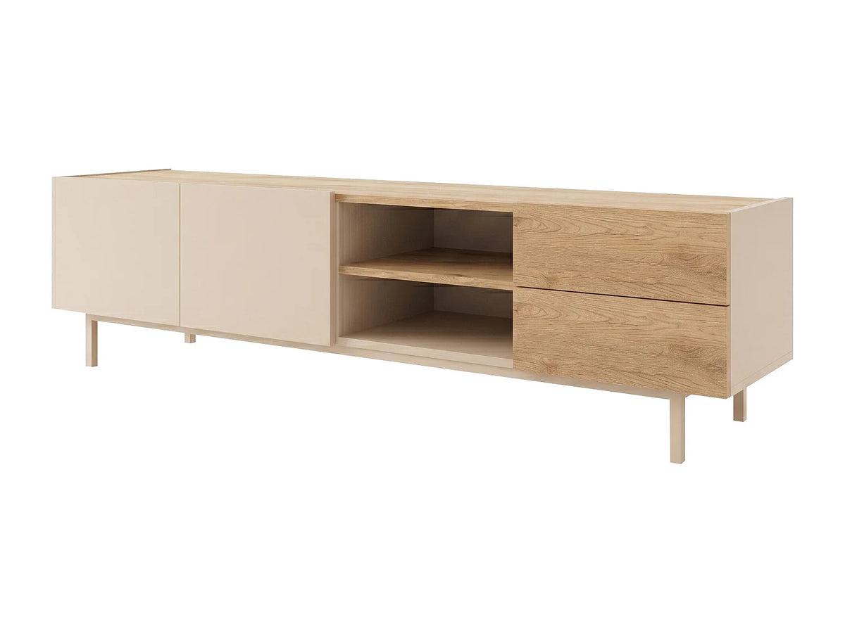 Meuble TV Japandi 2 portes 2 tiroirs et 2 niches beige et naturel clair 180 x 48,5 cm - Reyala