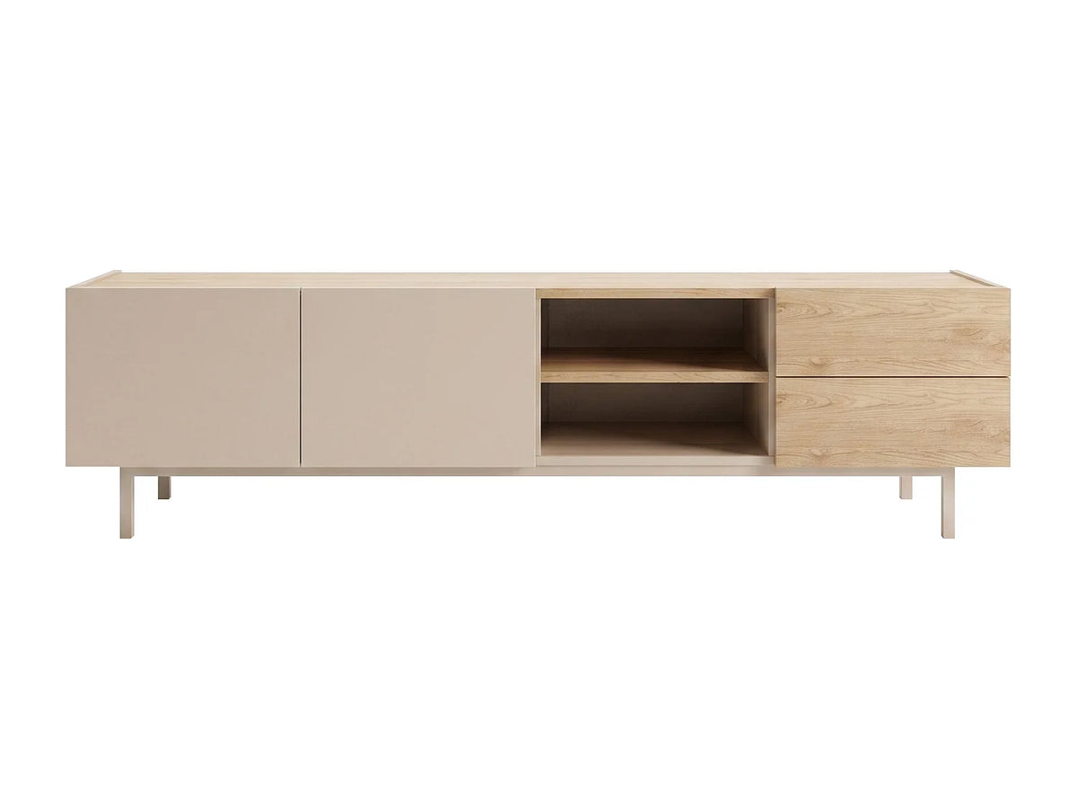 Meuble TV Japandi 2 portes 2 tiroirs et 2 niches beige et naturel clair 180 x 48,5 cm - Reyala