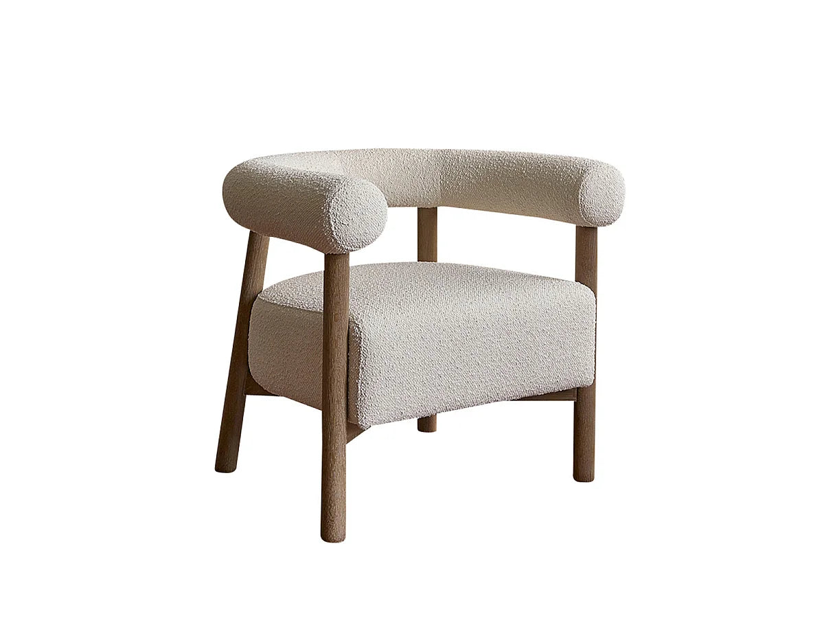 Fauteuil Japandi rond en chêne massif et bouclette écrue - Dune