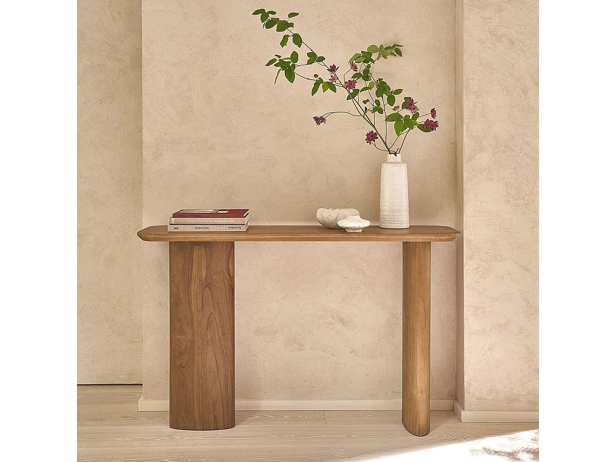 Console Japandi pieds galbés en teck massif naturel 120 x 75 cm - Calma