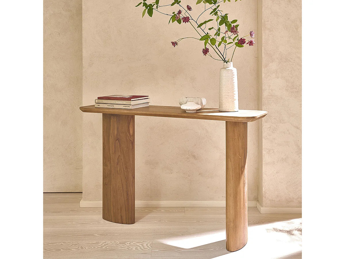 Console Japandi pieds galbés en teck massif naturel 120 x 75 cm - Calma