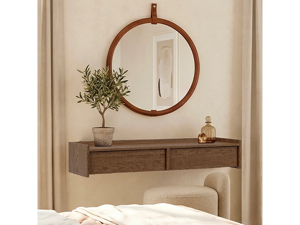 Console Japandi murale 2 tiroirs en bois foncé 105 x 21,5 cm