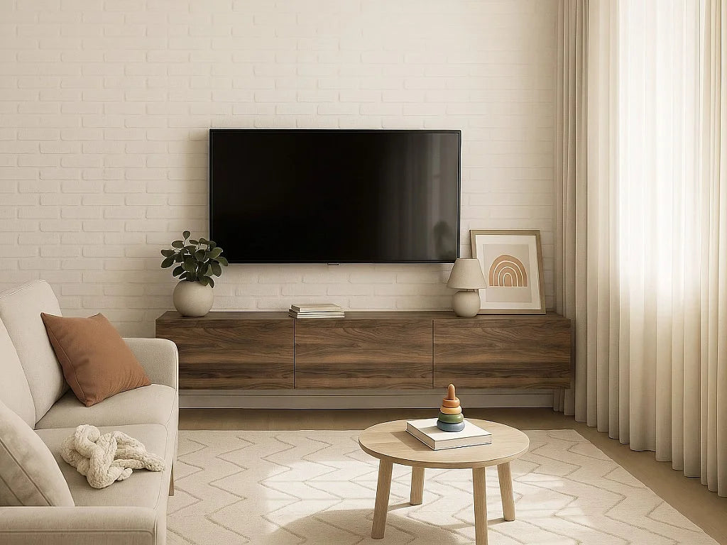 Meuble TV Japandi suspendu 3 portes effet bois naturel foncé 180 x 29,5 cm - Vikila