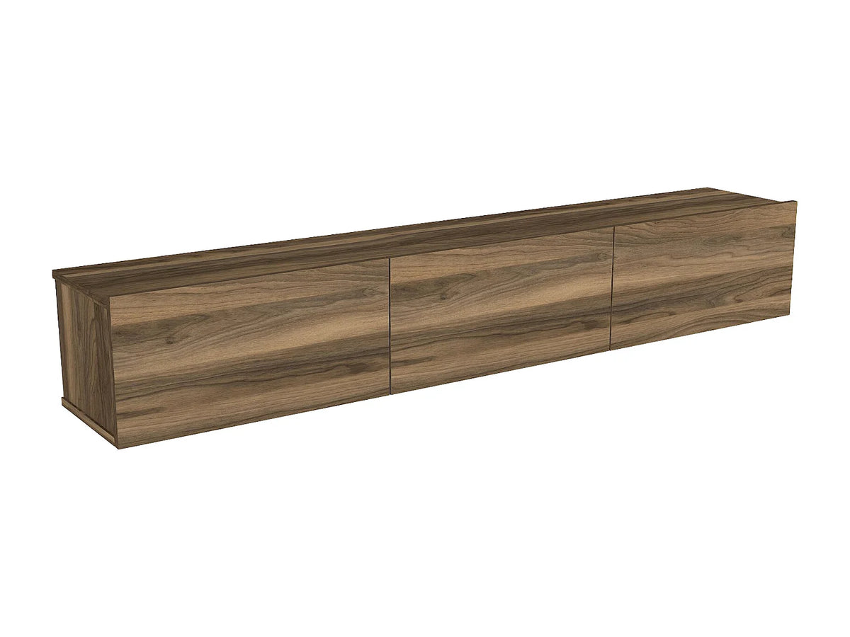 Meuble TV Japandi suspendu 3 portes effet bois naturel foncé 180 x 29,5 cm - Vikila