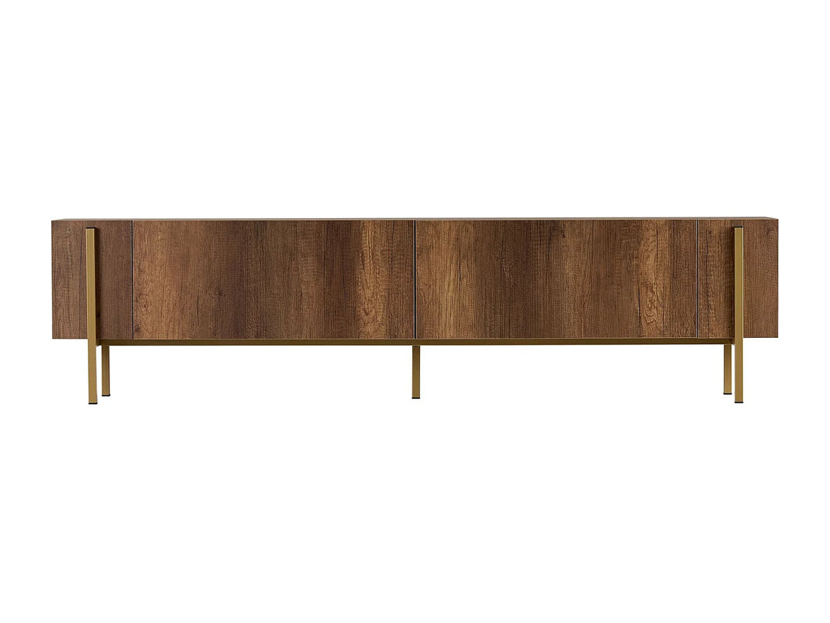 Meuble TV Japandi 2 portes mélaminé naturel foncé et métal doré 180 x 45 cm - Selnia