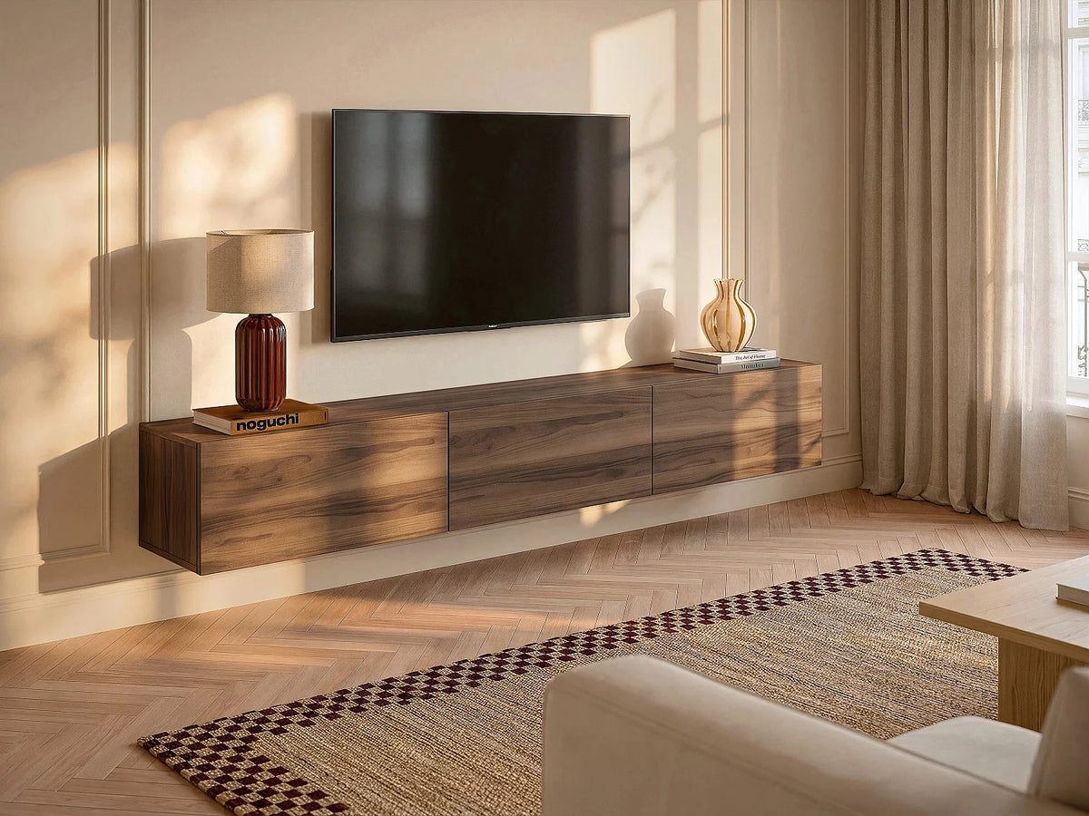 Meuble TV Japandi suspendu 3 portes effet bois naturel foncé 180 x 29,5 cm - Vikila