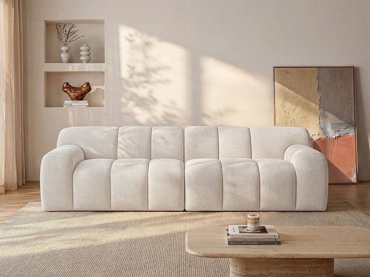 Canapé Japandi 4 places en tissu chenille beige 268 cm - Atuju