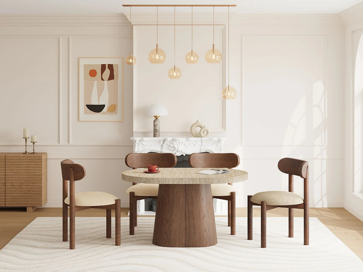 Table à manger ovale Japandi extensible 6 à 12 personnes effet travertin 150 x 100 cm - Cloeva