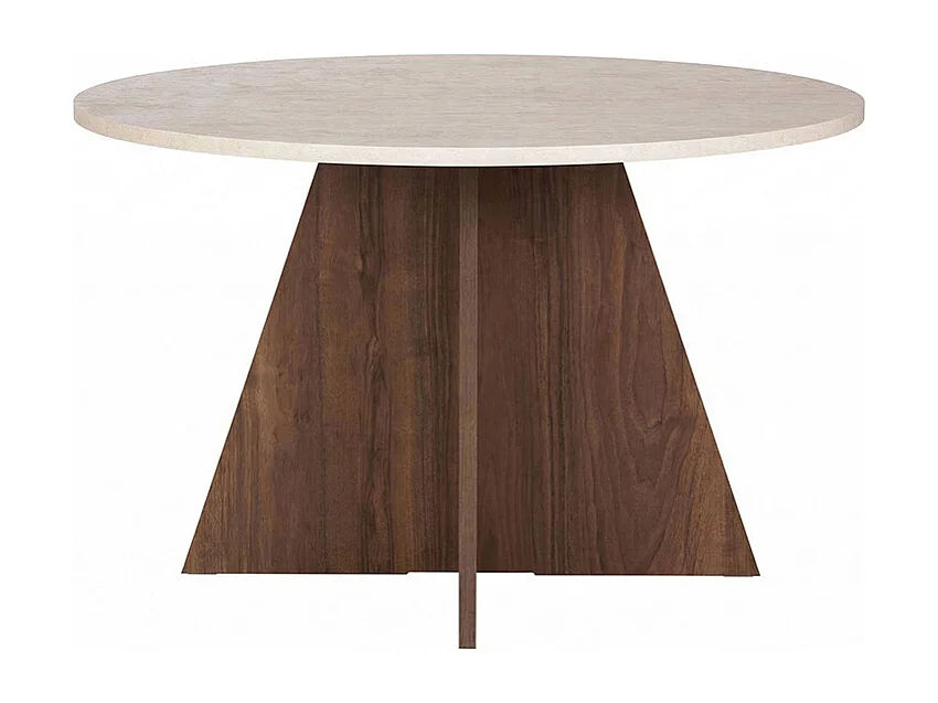 Table à manger ronde Japandi 4 personnes effet travertin beige et naturel foncé Ø 120 cm - Alveko