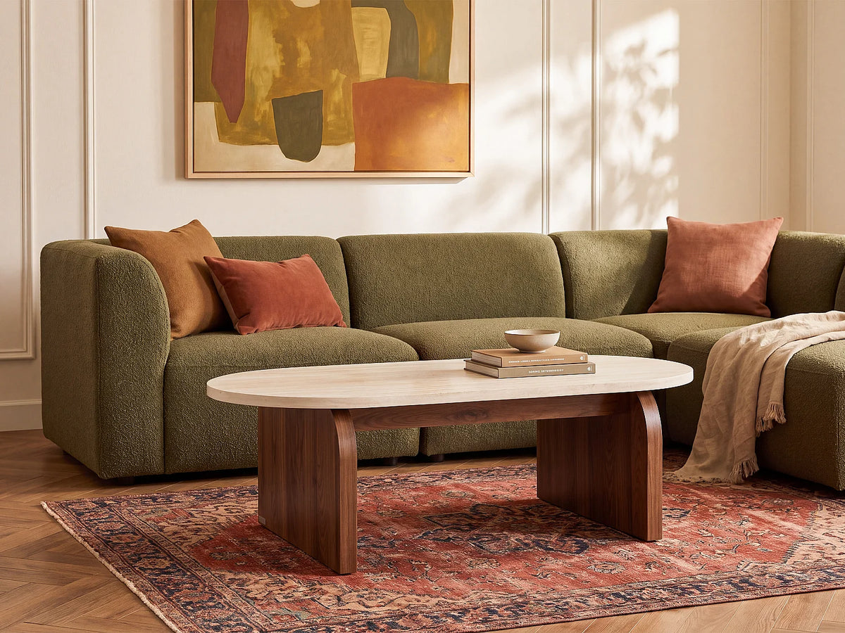 Table basse Japandi ovale en MDF effet travertin beige et naturel foncé 120 x 60 cm - Elrada