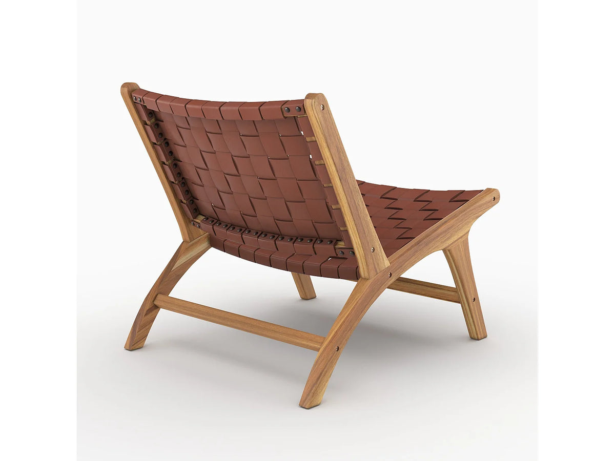 Fauteuil Japandi en bois de teck et cuir tressé marron - Kuna