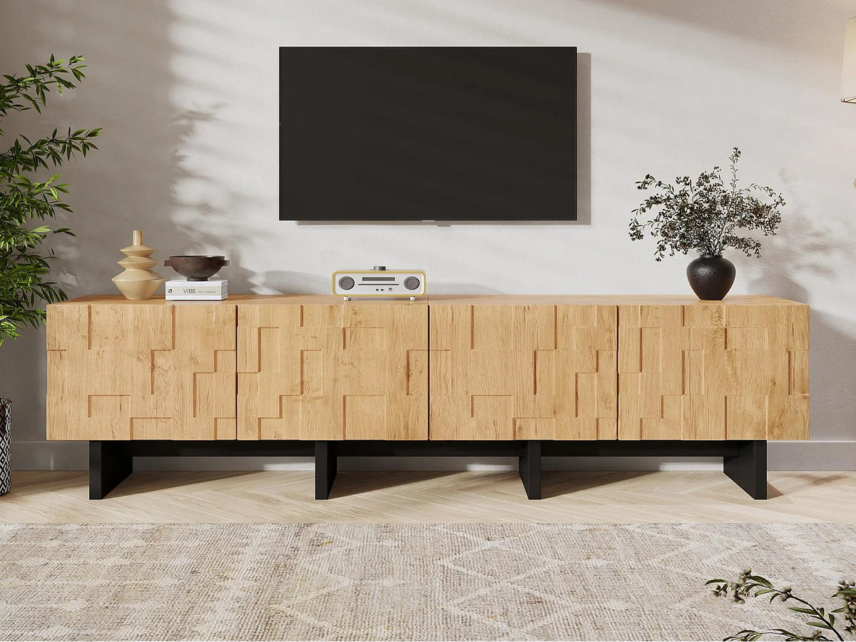 Meuble TV Japandi 4 portes motif gaufré en MDF finition bois naturel 180 x 45 cm