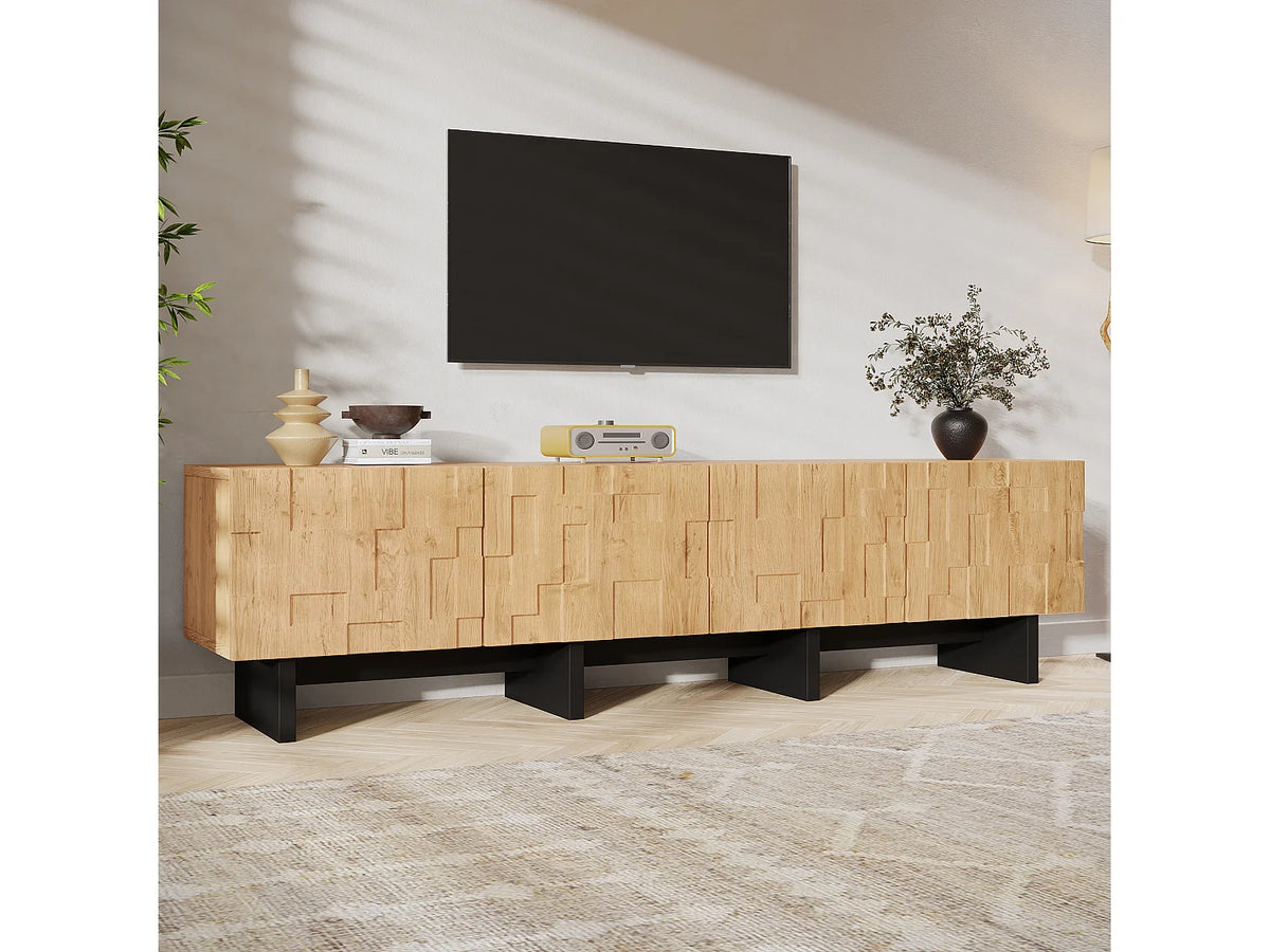 Meuble TV Japandi 4 portes motif gaufré en MDF finition bois naturel 180 x 45 cm