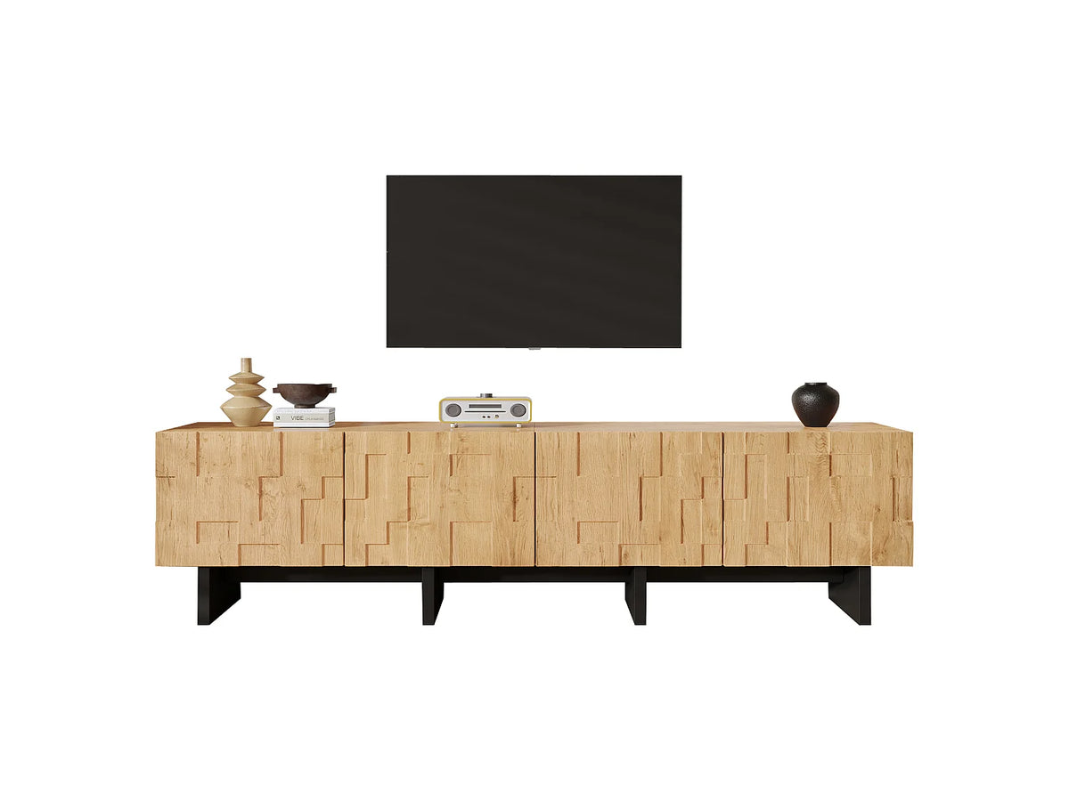 Meuble TV Japandi 4 portes motif gaufré en MDF finition bois naturel 180 x 45 cm