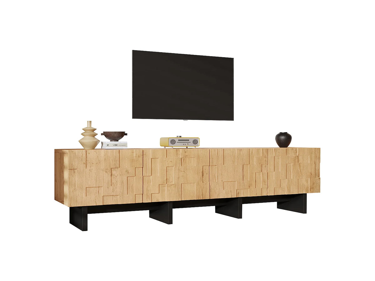 Meuble TV Japandi 4 portes motif gaufré en MDF finition bois naturel 180 x 45 cm