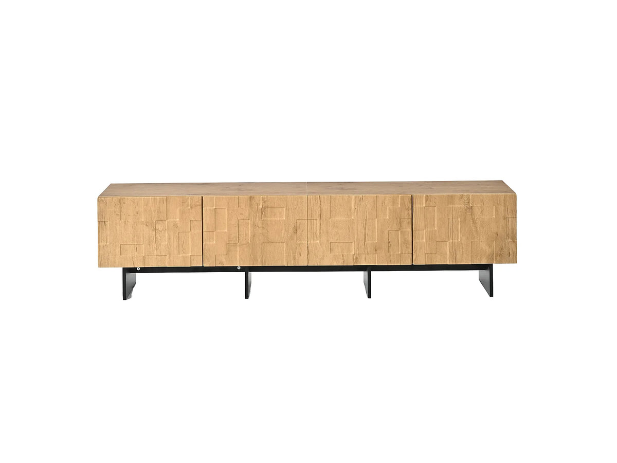 Meuble TV Japandi 4 portes motif gaufré en MDF finition bois naturel 180 x 45 cm