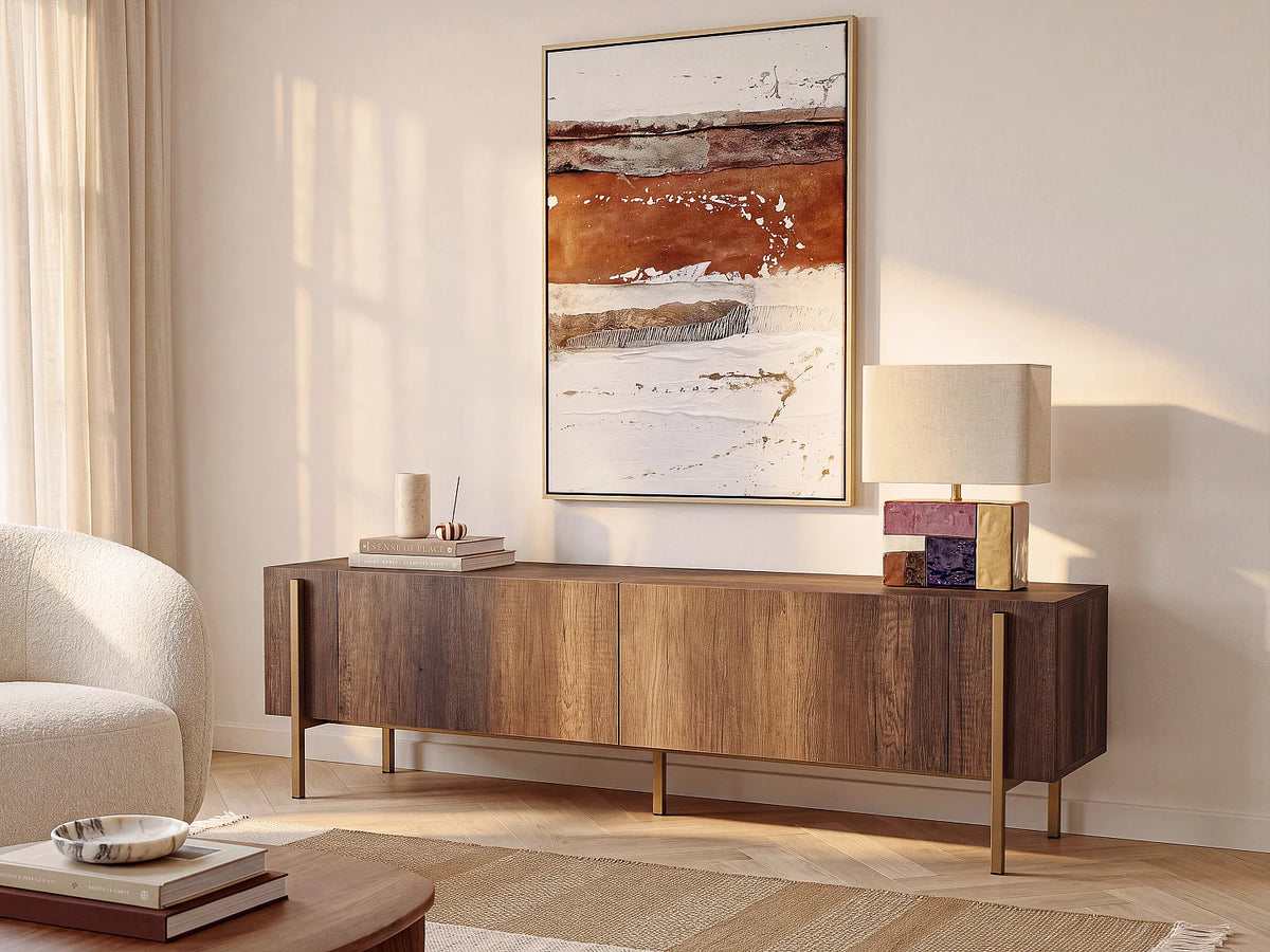 Meuble TV Japandi 2 portes mélaminé naturel foncé et métal doré 180 x 45 cm - Selnia