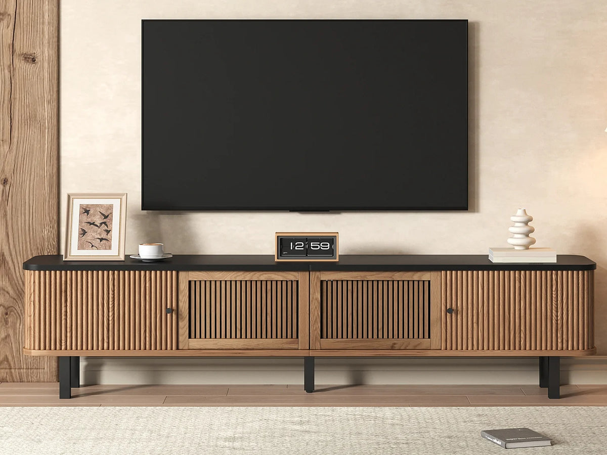 Meuble TV Japandi portes coulissantes et façade grille effet bois naturel 190 x 45 cm