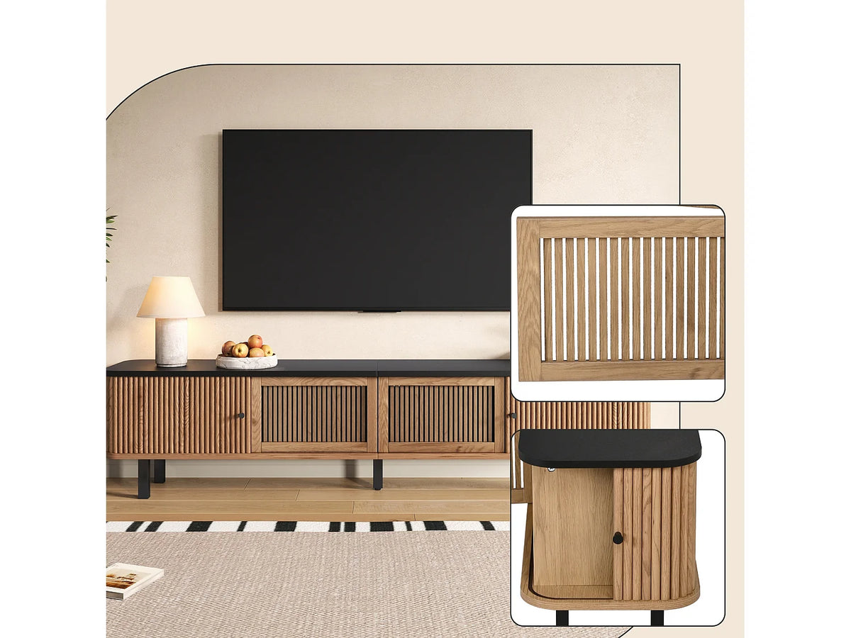 Meuble TV Japandi portes coulissantes et façade grille effet bois naturel 190 x 45 cm