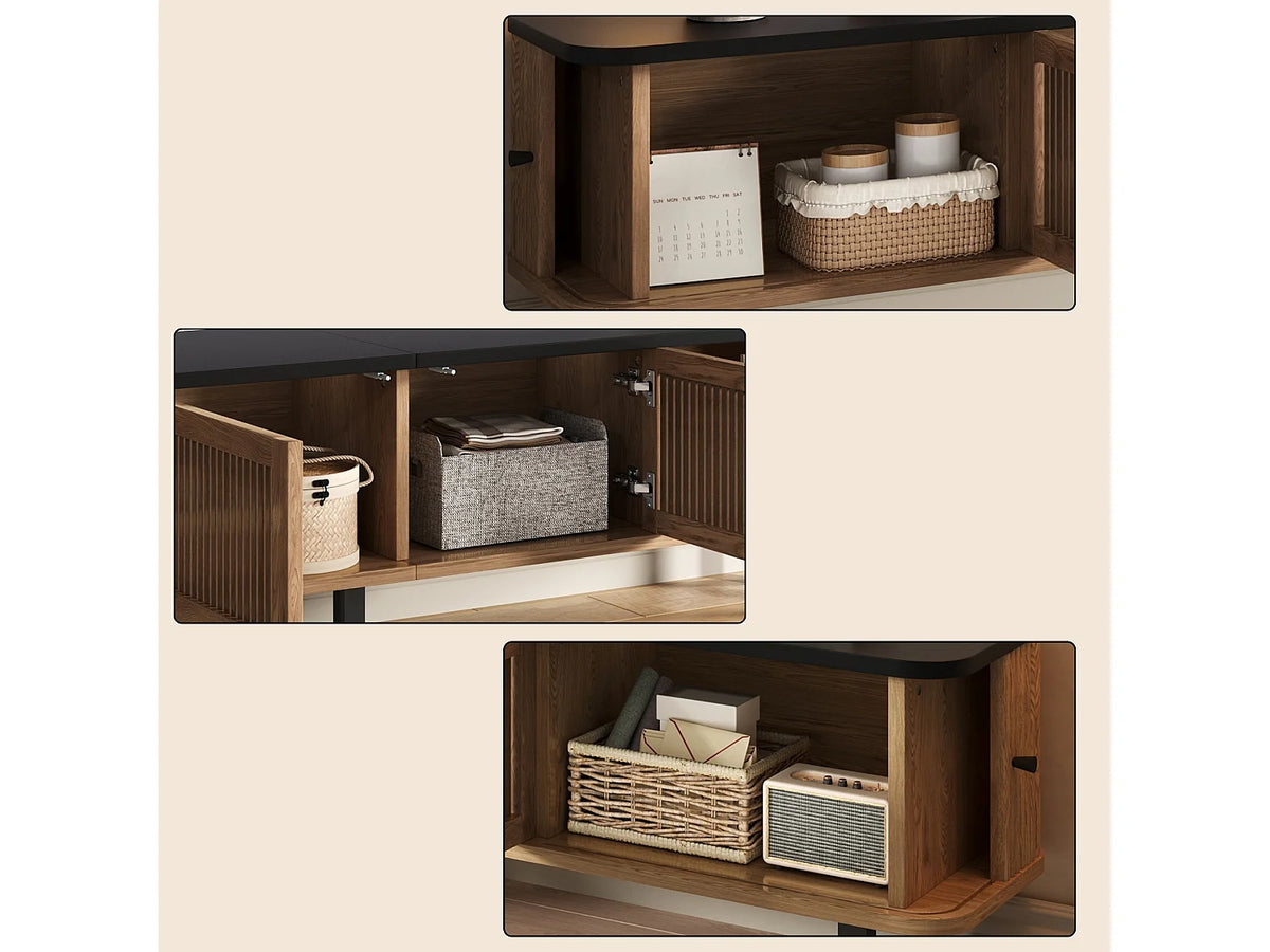 Meuble TV Japandi portes coulissantes et façade grille effet bois naturel 190 x 45 cm