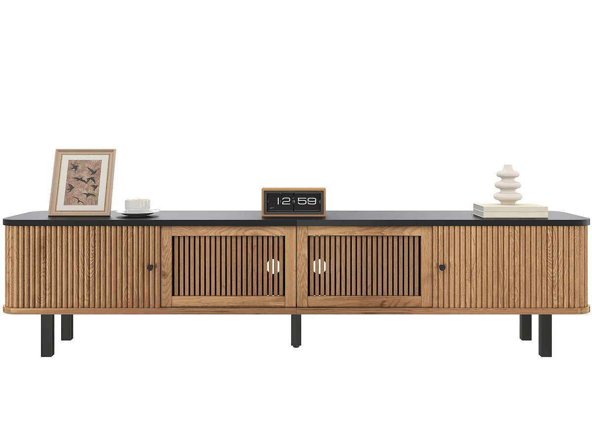 Meuble TV Japandi portes coulissantes et façade grille effet bois naturel 190 x 45 cm