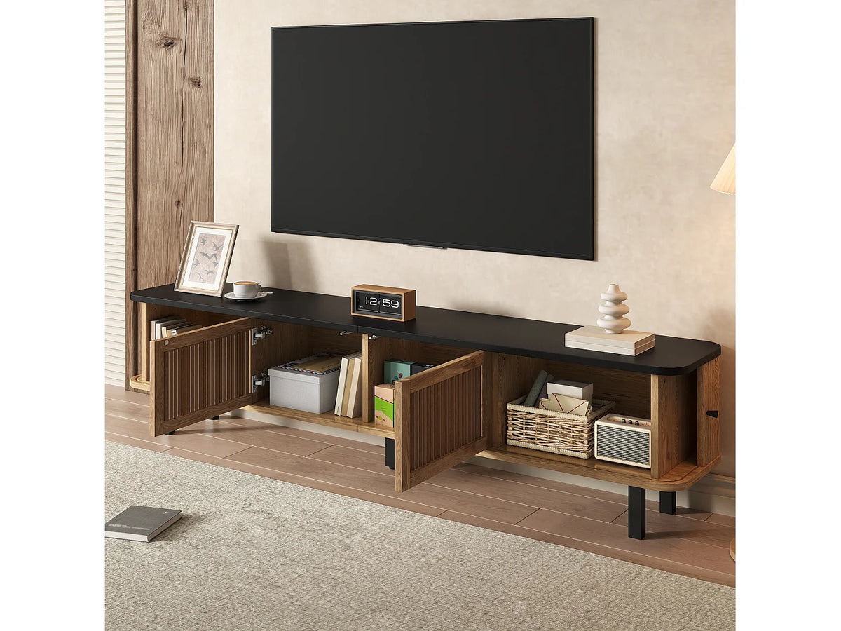 Meuble TV Japandi portes coulissantes et façade grille effet bois naturel 190 x 45 cm