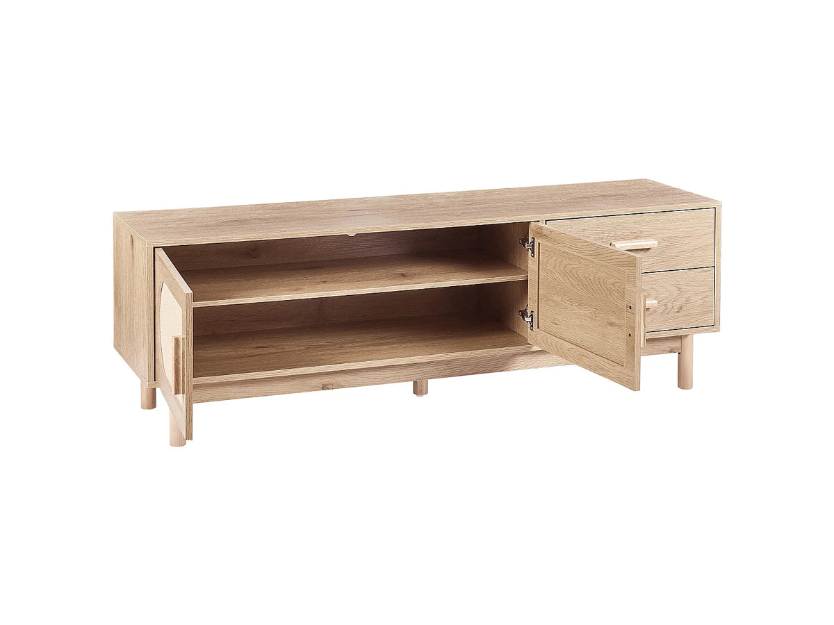Meuble TV Japandi 2 portes et 2 tiroirs façades en rotin marron clair 150 x 50 cm - Costello