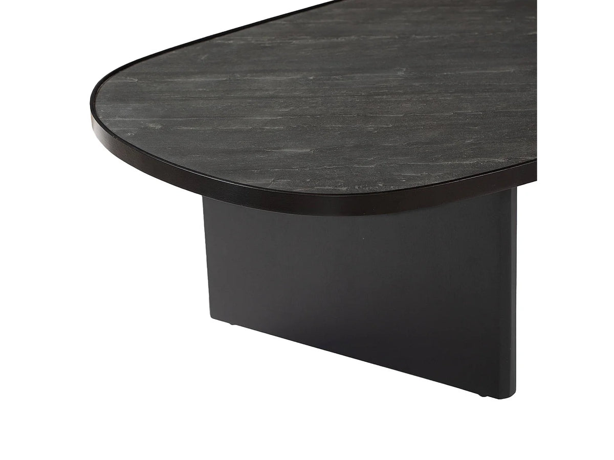 Table basse Japandi ovale en bois de manguier et placage pierre noire 119,5 x 60 cm