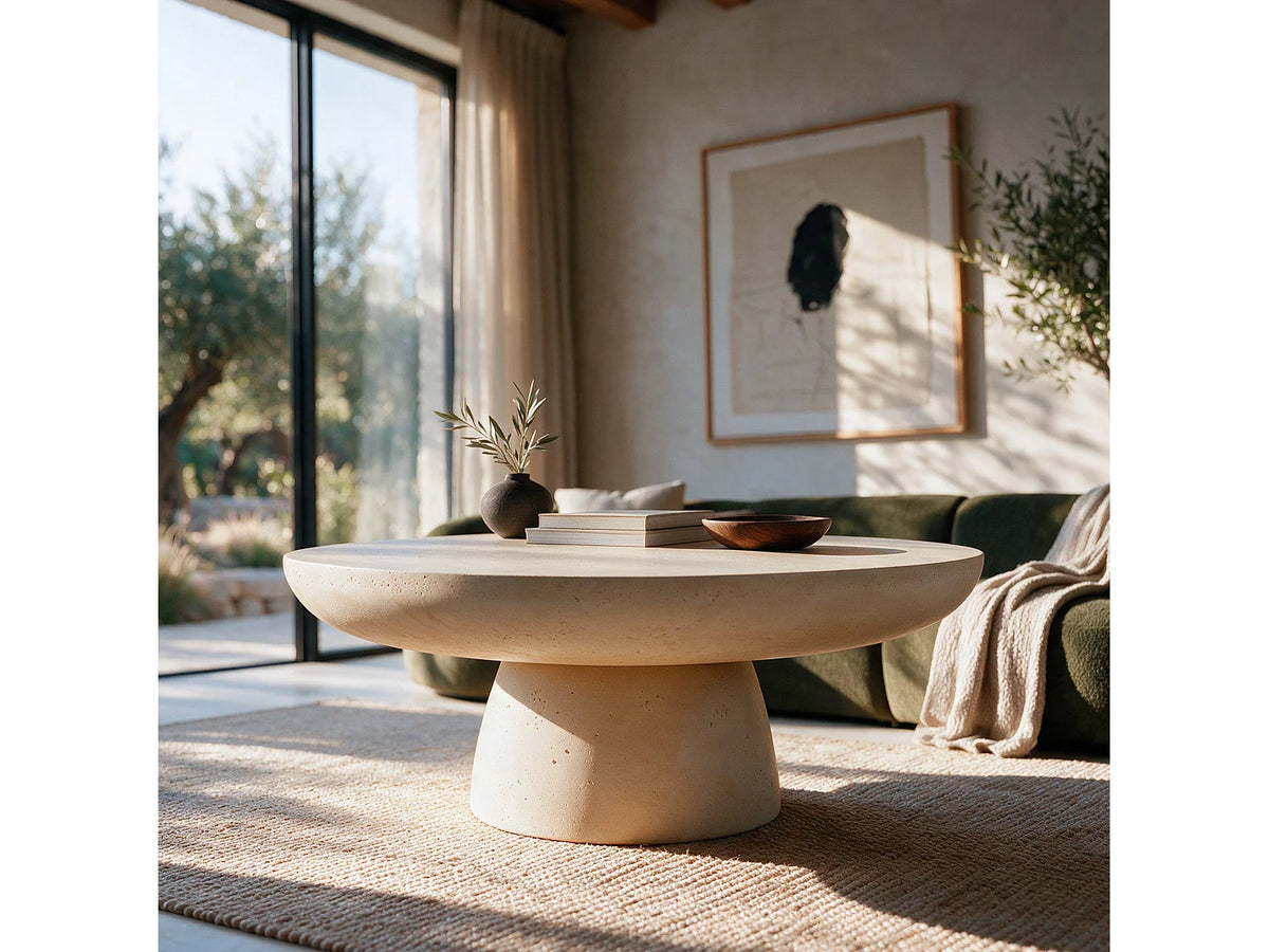Table basse Japandi ronde en fibre d'argile effet béton beige Ø 90 cm - Paros