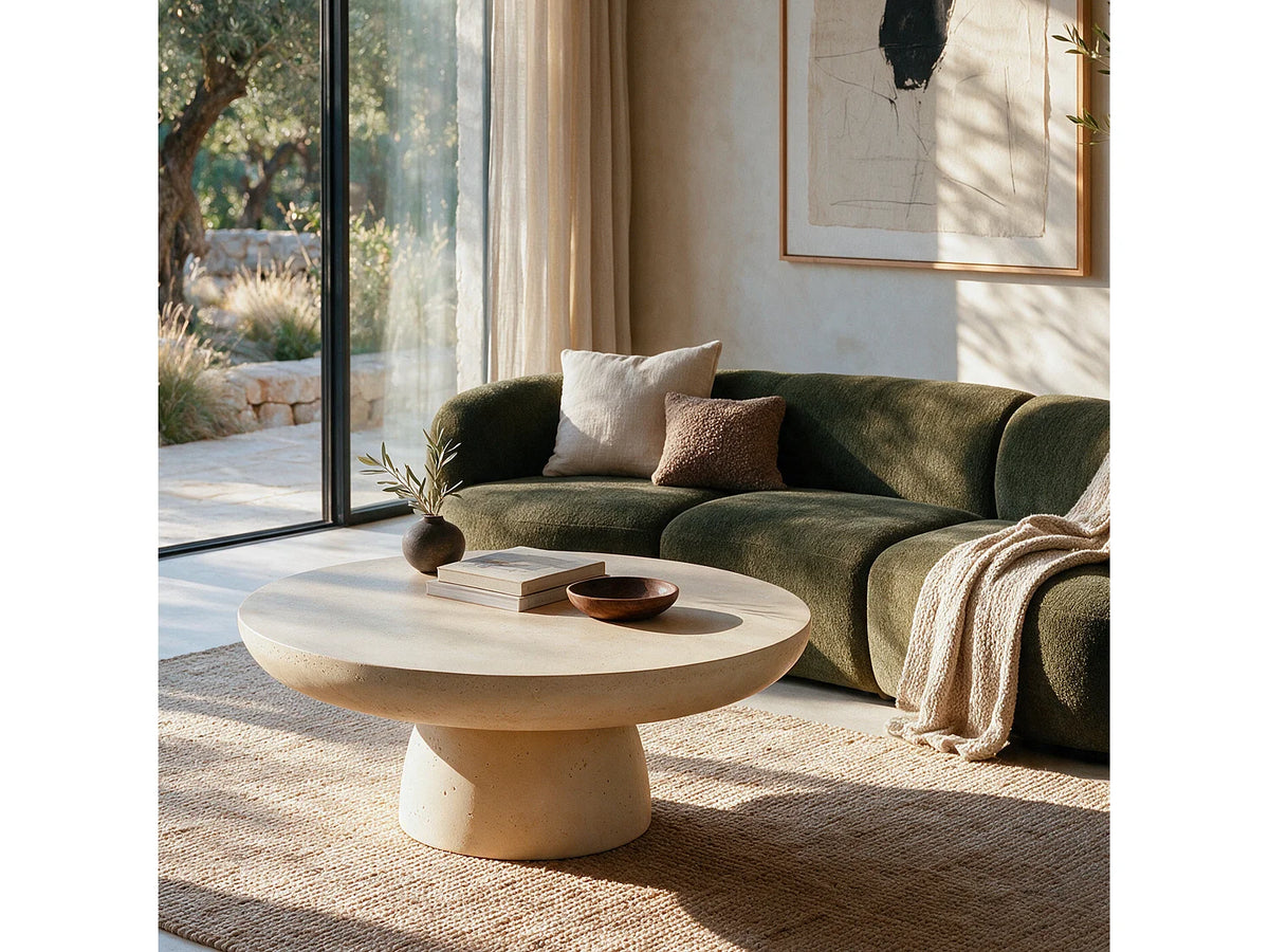 Table basse Japandi ronde en fibre d'argile effet béton beige Ø 90 cm - Paros