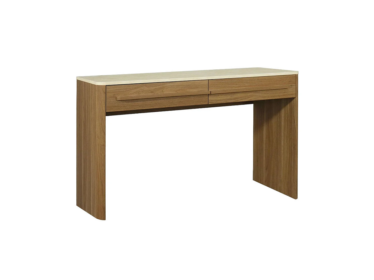 Console Japandi 2 tiroirs décor noyer et effet travertin 120 x 74 cm - Aretha