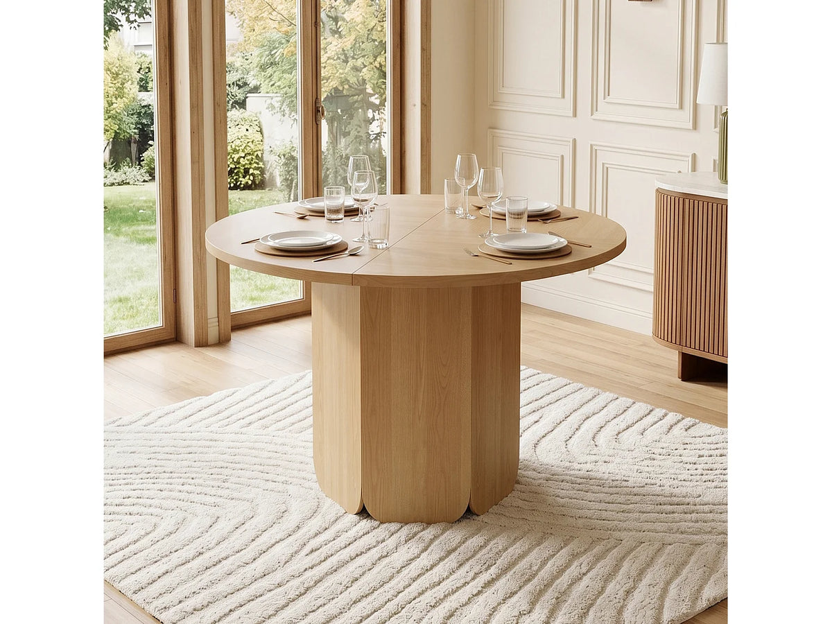 Table à manger ronde Japandi 4 à 6 personnes en MDF chêne naturel clair Ø 120 cm