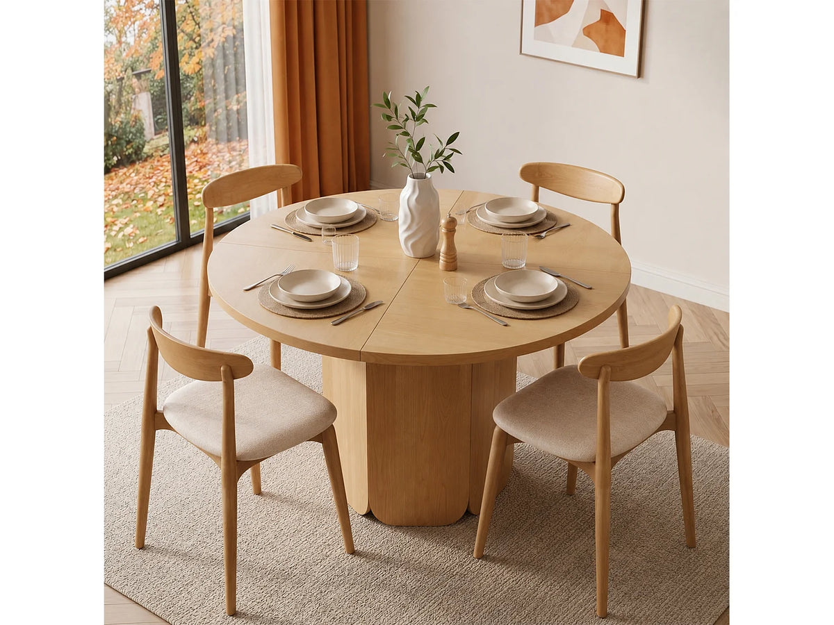 Table à manger ronde Japandi 4 à 6 personnes en MDF chêne naturel clair Ø 120 cm