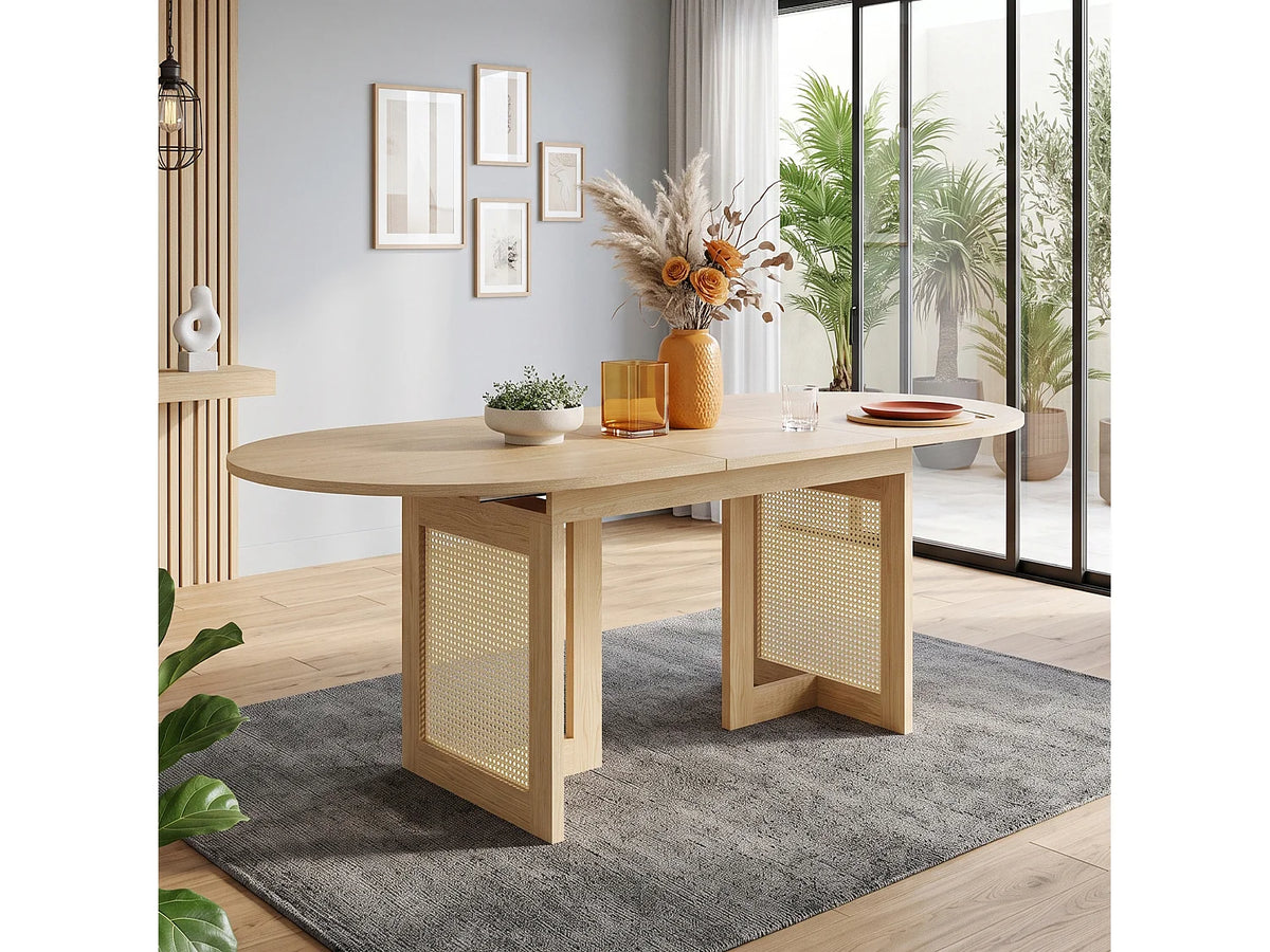 Table à manger ovale Japandi extensible 6 à 8 personnes en MDF chêne et effet rotin 150 x 90 cm