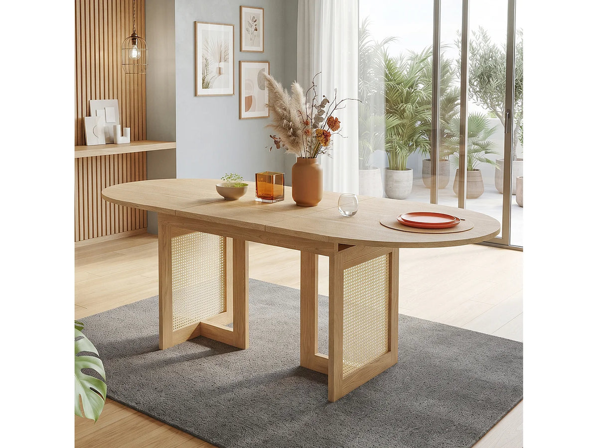 Table à manger ovale Japandi extensible 6 à 8 personnes en MDF chêne et effet rotin 150 x 90 cm