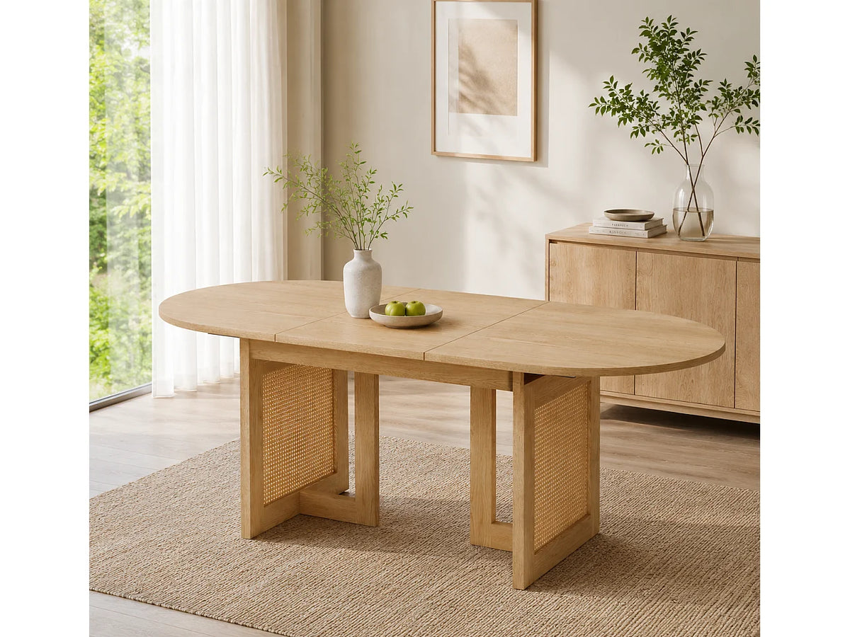 Table à manger ovale Japandi extensible 6 à 8 personnes en MDF chêne et effet rotin 150 x 90 cm