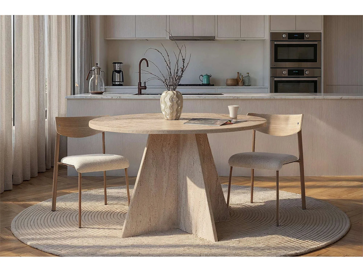 Table à manger ronde Japandi 4 personnes en bois mélaminé effet travertin beige Ø 120 cm - Virella