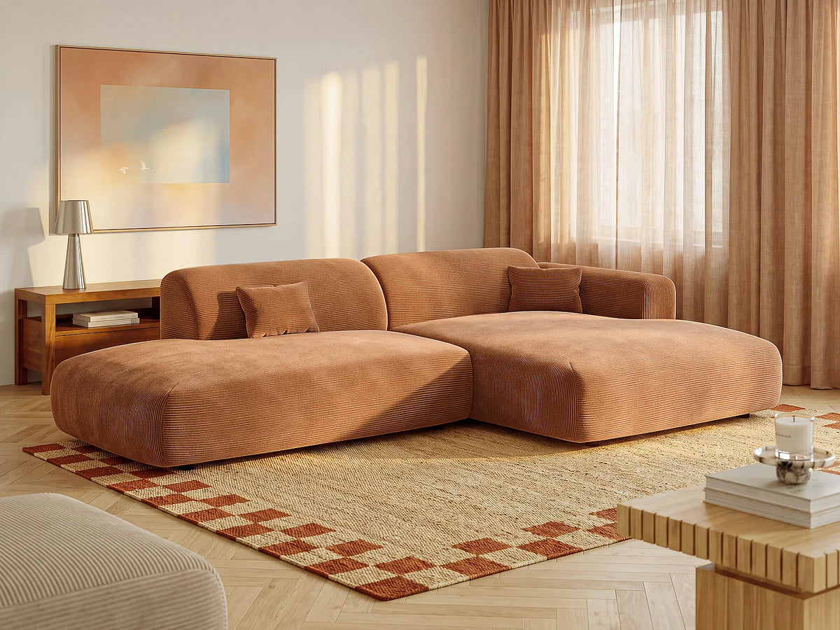 Canapé d'angle Japandi droit ouvert 5 places en velours côtelé fines côtes terracotta 300 cm - Pogni